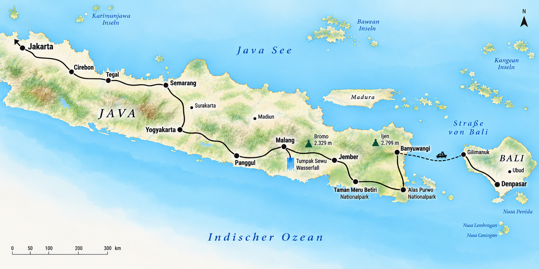 Reiseroute durch Bali und Java
